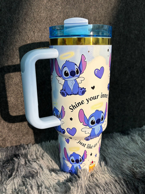 Cute Angel Wing Stitch 40oz Insulated Tumbler With Lid & Straw, Large Capacity Travel Water Cup